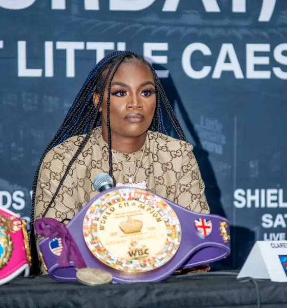 Claressa Shields celebrating after a championship boxing victory in 2026