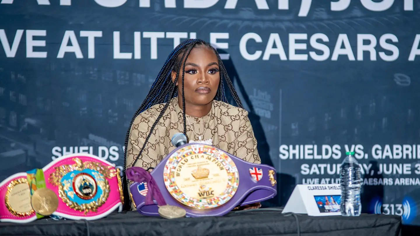 Claressa Shields celebrating after a championship boxing victory in 2026
