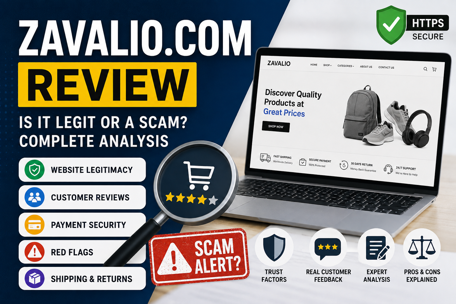 Zavalio Com Review showing website trust analysis, legitimacy check, security, customer reviews, and scam warning signs.