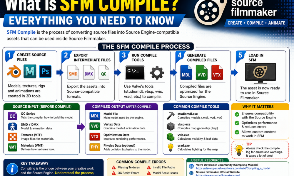 Illustration explaining the SFM compile process in Source Filmmaker, including source files, QC scripts, compiled models, and Source Engine workflow.