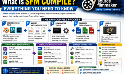 Illustration explaining the SFM compile process in Source Filmmaker, including source files, QC scripts, compiled models, and Source Engine workflow.