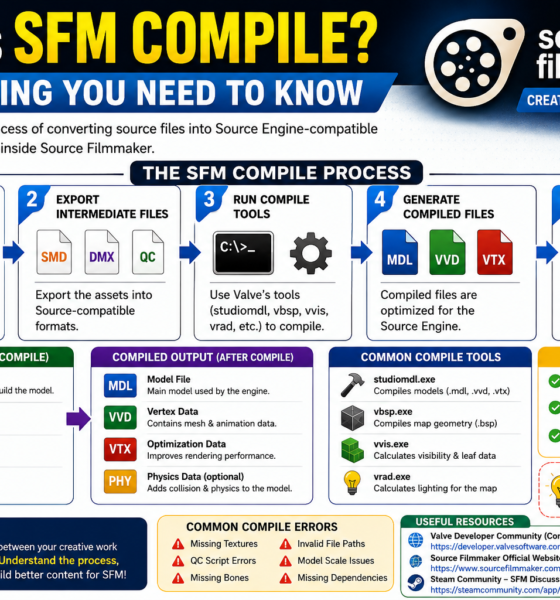 Illustration explaining the SFM compile process in Source Filmmaker, including source files, QC scripts, compiled models, and Source Engine workflow.