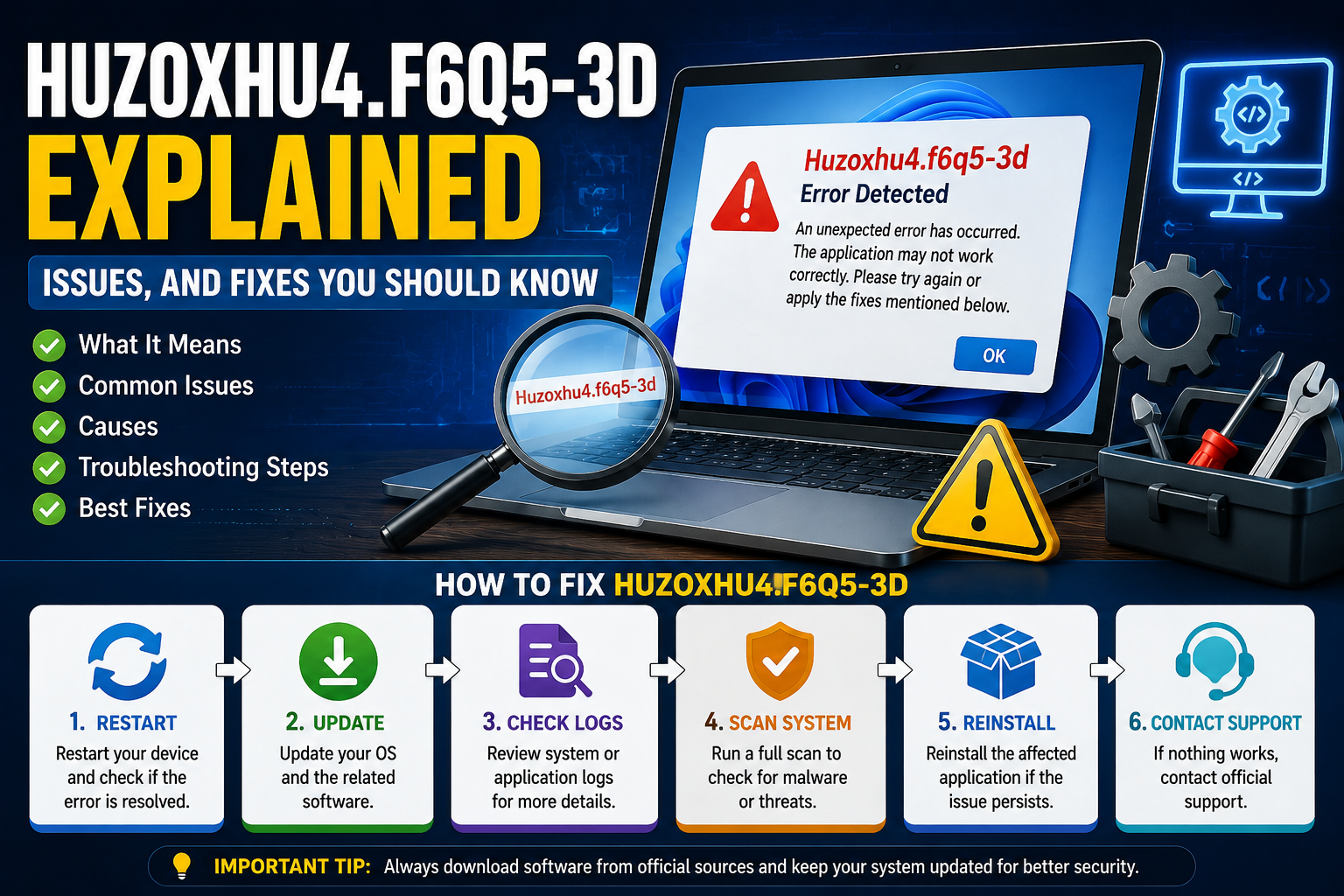 Huzoxhu4.f6q5-3d Explained showing software diagnostics, troubleshooting process, and system error analysis.