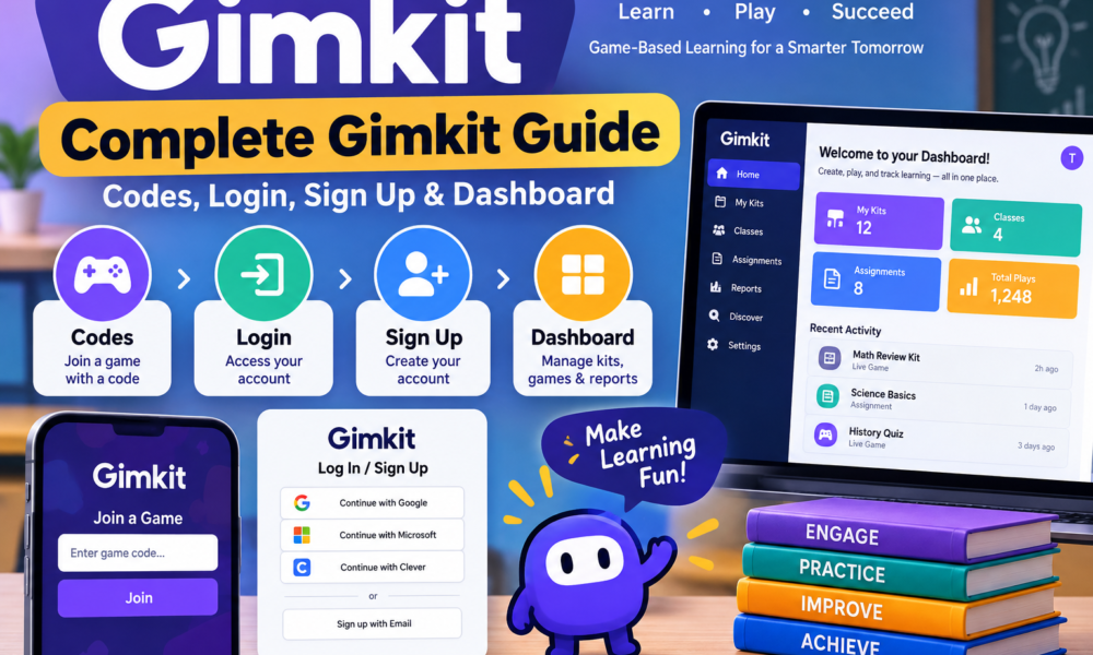 Complete Gimkit Guide showing codes login sign up process and dashboard interface