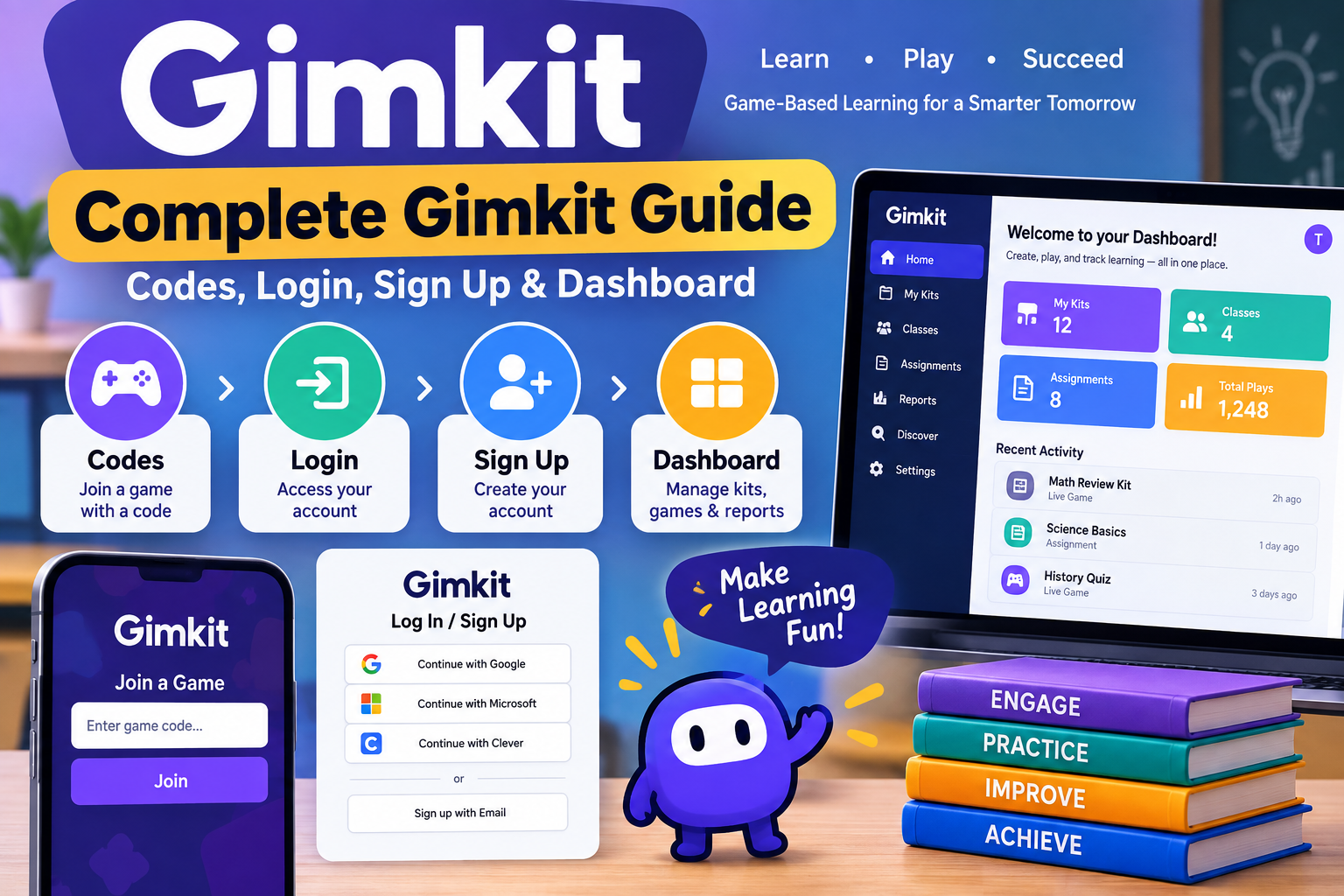 Complete Gimkit Guide showing codes login sign up process and dashboard interface