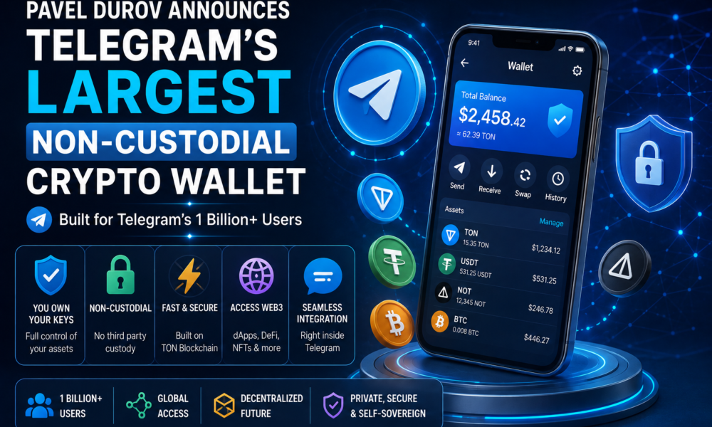 Pavel Durov announcing Telegram's largest non-custodial crypto wallet integrated with the TON blockchain.