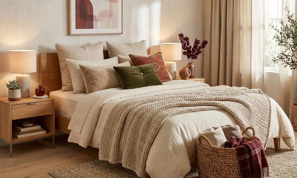 20 cozy bedroom ideas with warm colors, layered bedding, and soft lighting