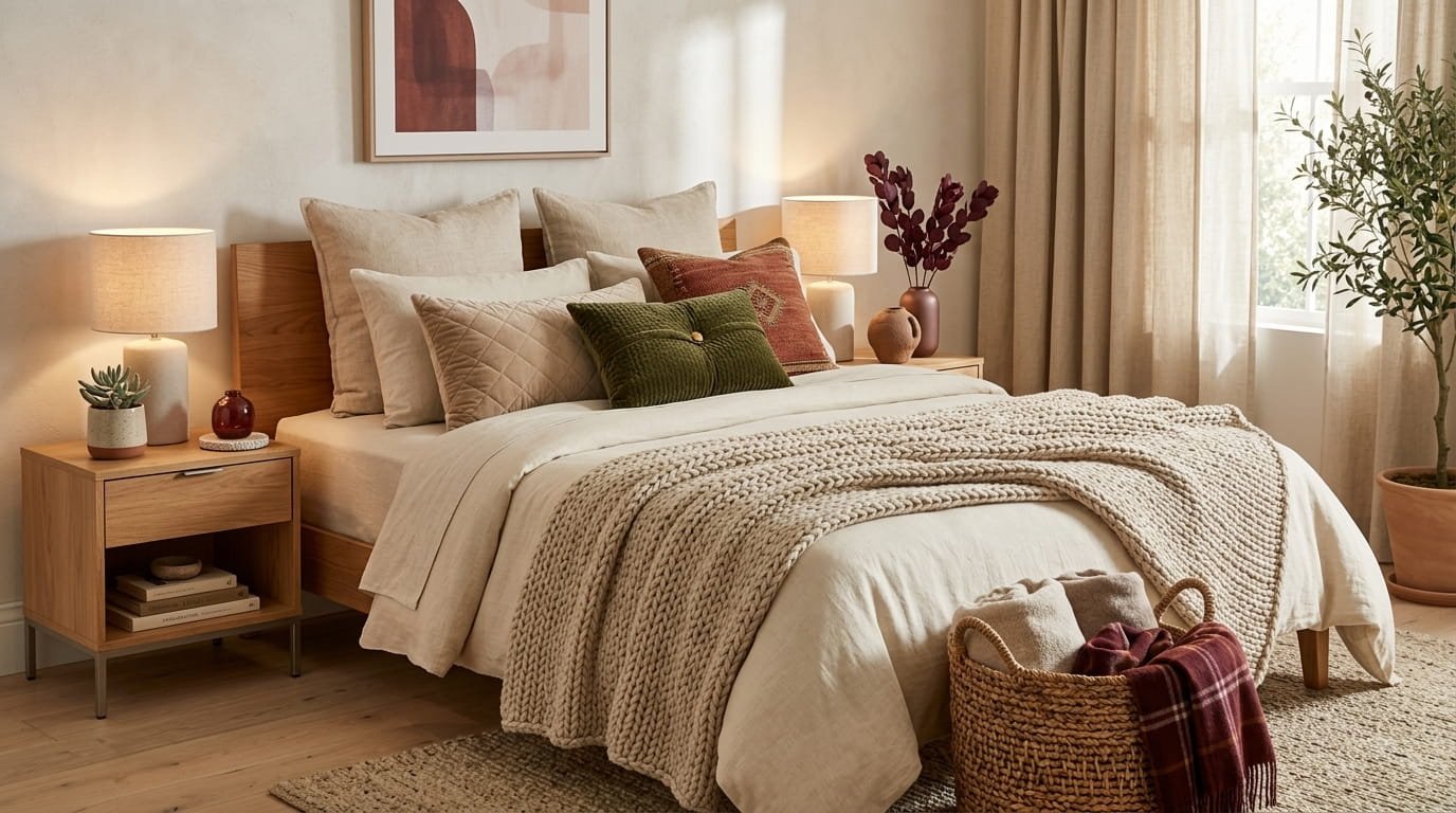 20 cozy bedroom ideas with warm colors, layered bedding, and soft lighting